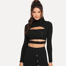 Romwe Cut Out High Neck Solid Tee