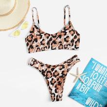 Romwe Leopard Spaghetti Strap Top With High Cut Bikini