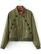 Romwe Army Green Lace Up Design Zipper Jacket