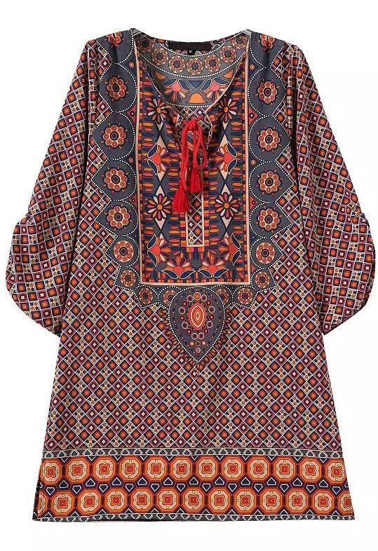 Romwe Red Yellow Knotted Collar Baroque Loose Dress