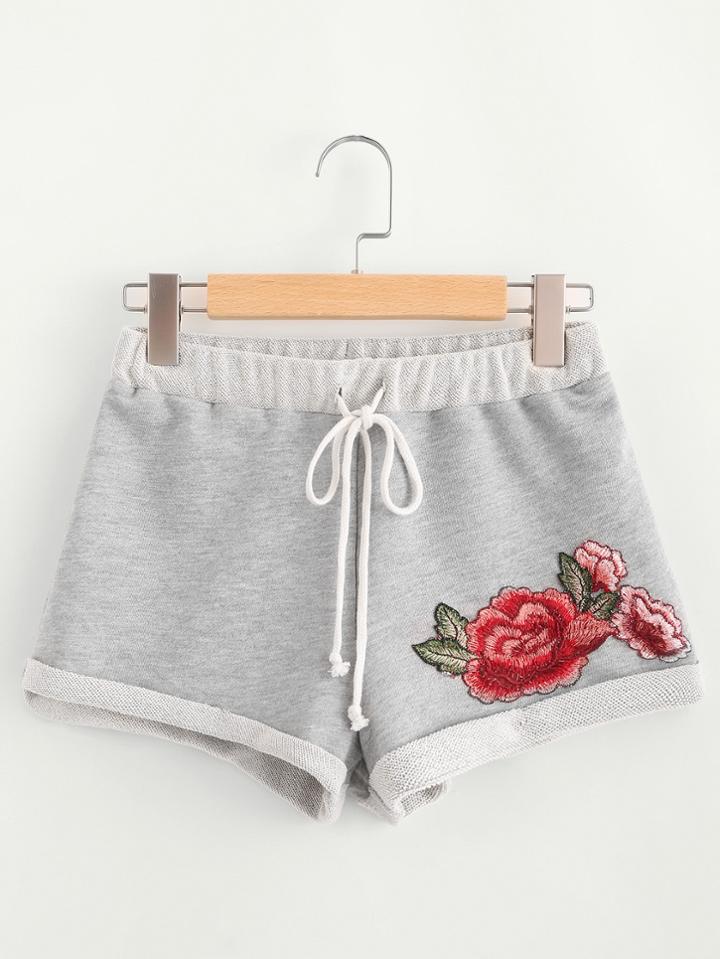 Romwe Heather Knit Embroidered Rose Patch Cuffed Shorts