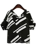 Romwe Black Geometric Print Double V Neck Chiffon Top