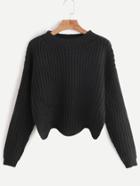Romwe Black Drop Shoulder Wave Hem Crop Sweater