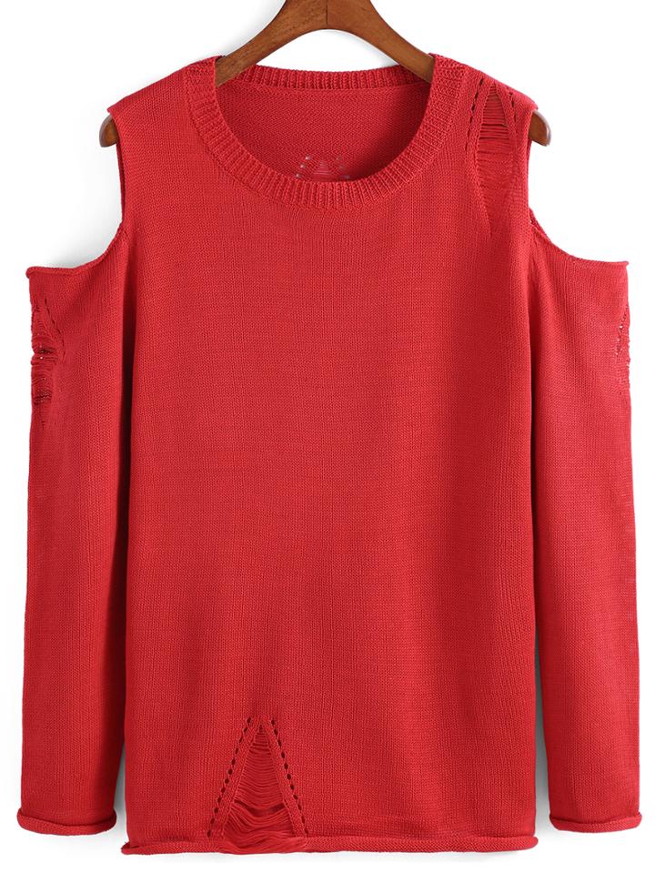 Romwe Open Shoulder Red Sweater