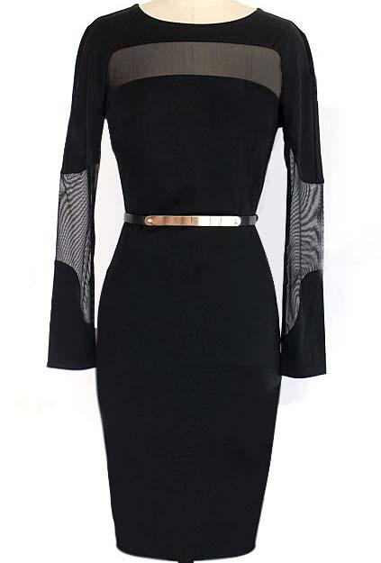 Romwe Black Long Sleeve Sheer Mesh Bodycon Dress