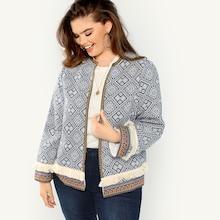 Romwe Plus Tassel Embellished Open Front Geo Coat