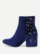 Romwe Embroidery & Rhinestone Detail Suede Boots