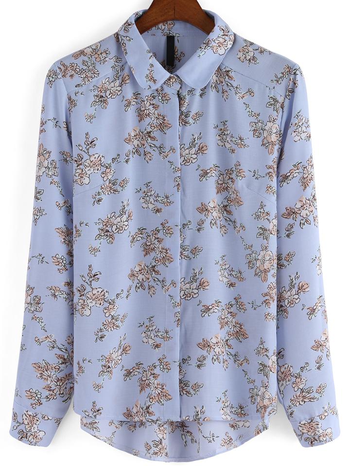 Romwe Lapel Florals Dip Hem Blouse