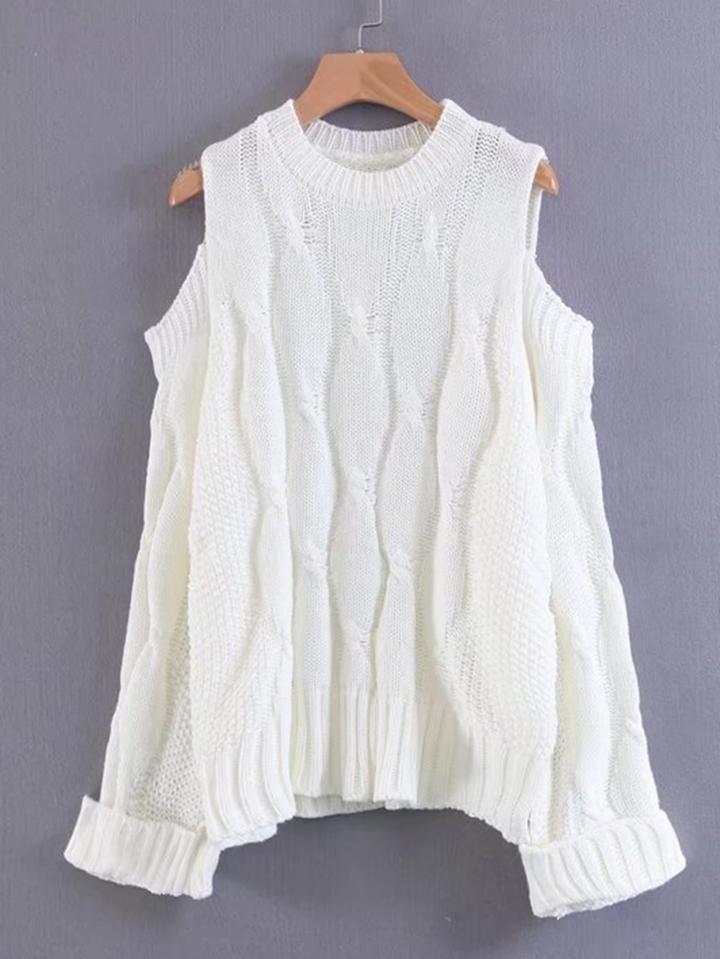 Romwe Open Shoulder Cable Knit Jumper Sweater