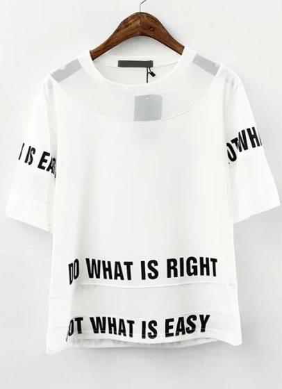 Romwe With Sheer Mesh Letter Print White T-shirt