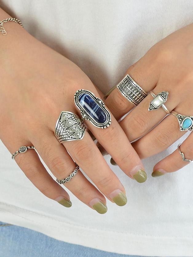 Romwe 8pcs/set Stone Set Jewelry Ring