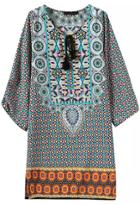 Romwe Blue Knotted Collar Tribal Print Loose Dress