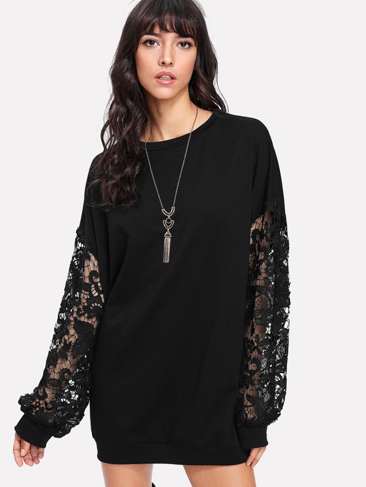 Romwe Contrast Floral Lace Sleeve Longline Sweatshirt