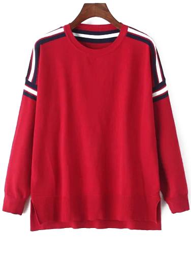 Romwe Striped Trim Slit Sweater