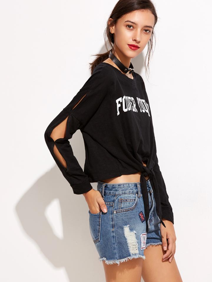 Romwe Letter Print Drop Shoulder Cut Out Tie Front Sweatshirt