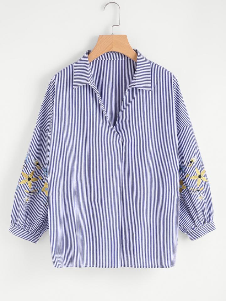 Romwe Wrap Front Embroidered Blouse