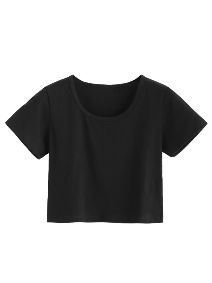 Romwe Black Crop Casual T-shirt