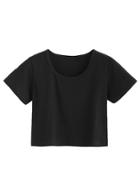 Romwe Black Crop Casual T-shirt