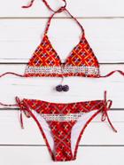 Romwe Red Floral Print Tie Side Triangle Bikini Set