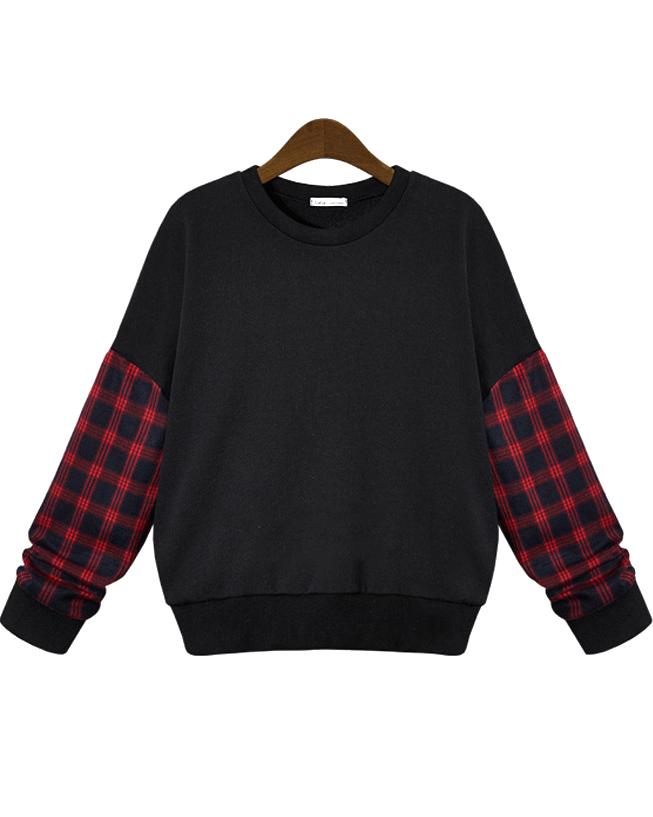 Romwe Plaid Batwing Crop Black Sweatshirt