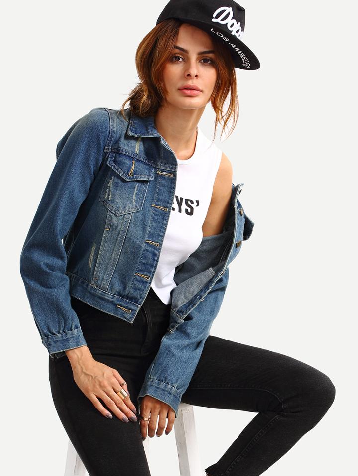 Romwe Dual Flap Pocket Stone Wash Blue Denim Jacket