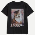 Romwe Guys Cat And Letter Print Tee