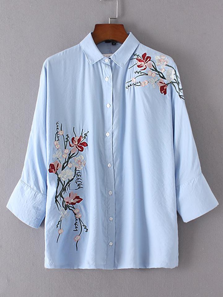 Romwe Flower Embroided Single Breasted Blouse