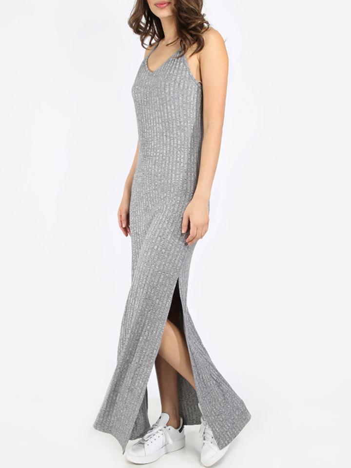 Romwe Grey Spaghetti Strap Side Split Maxi Dress
