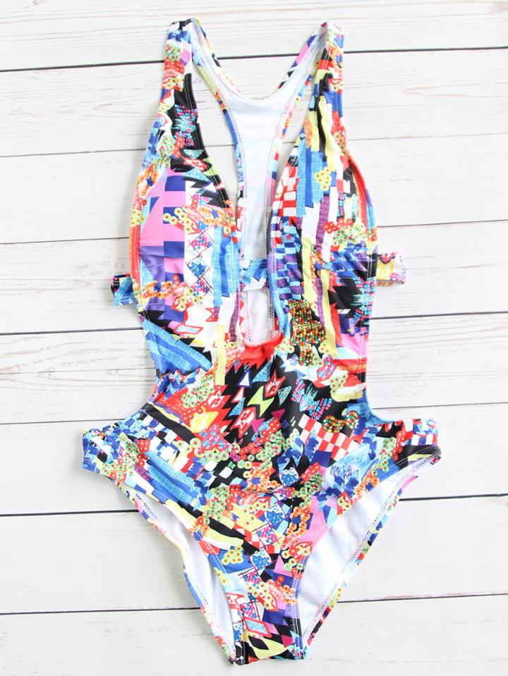 Romwe Patchwork Deep V Neck One-piece Swimwear