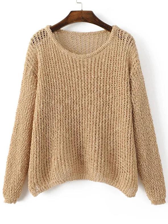 Romwe Khaki Hollow Out Long Sleeve Batwing Sweater