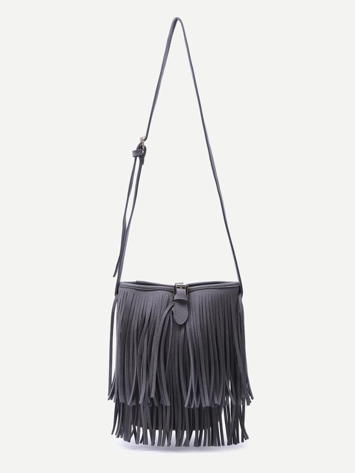 Romwe Dark Grey Fringe Tassel Buckled Strap Nubuck Leather Crossbody Bag