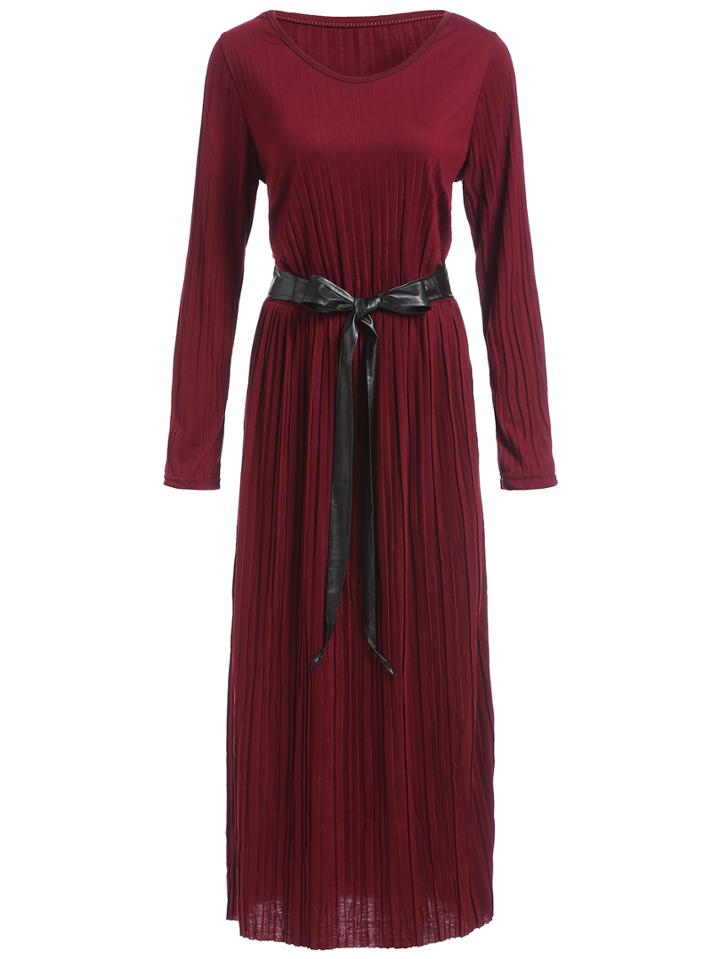 Romwe Long Sleeve Belt Pleated Burgundy Dress