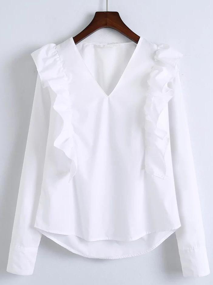 Romwe White V Neck Ruffle Trim Buttoned Cuff Blouse