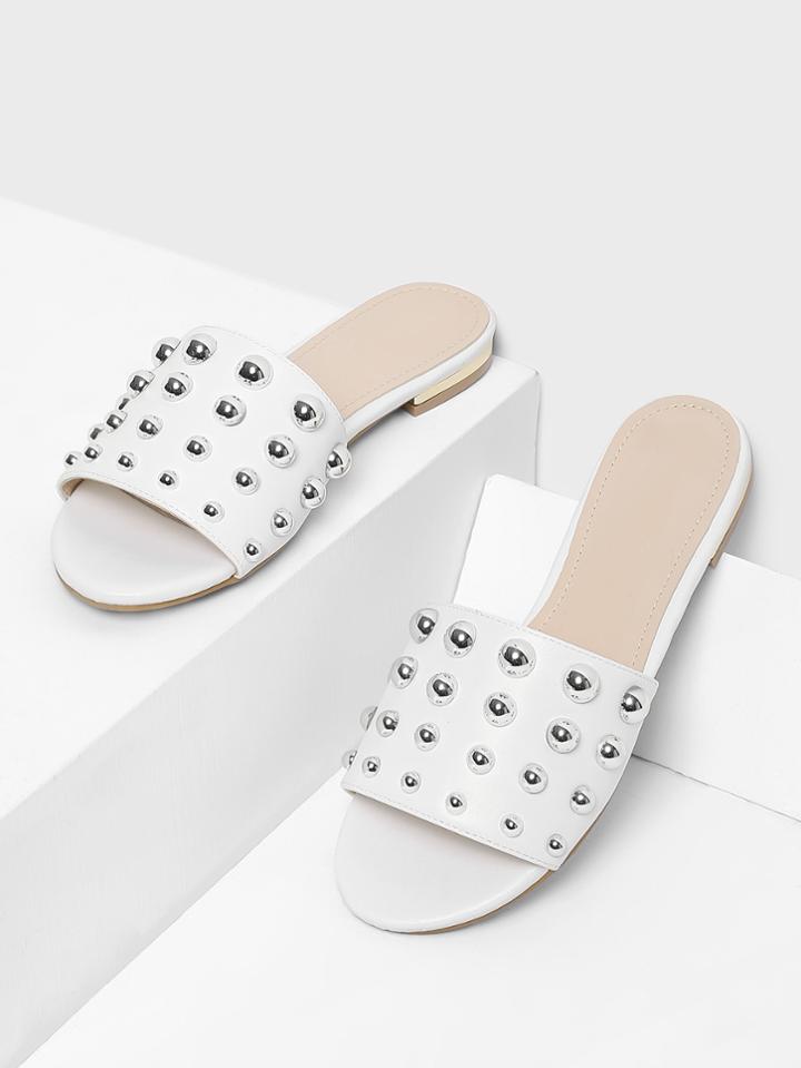 Romwe Studded Decorated Pu Flat Sandals