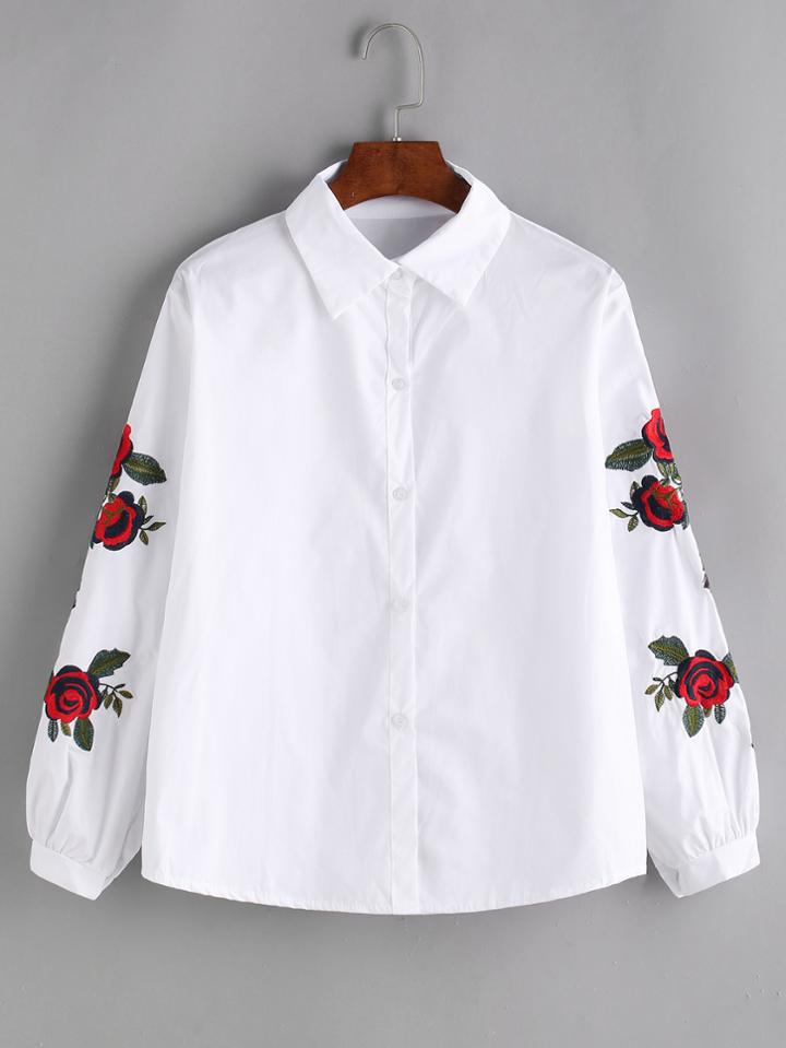 Romwe White Rose Embroidered Shirt