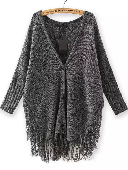 Romwe Dark Grey V Neck Buttons Knit Tassel Cardigan