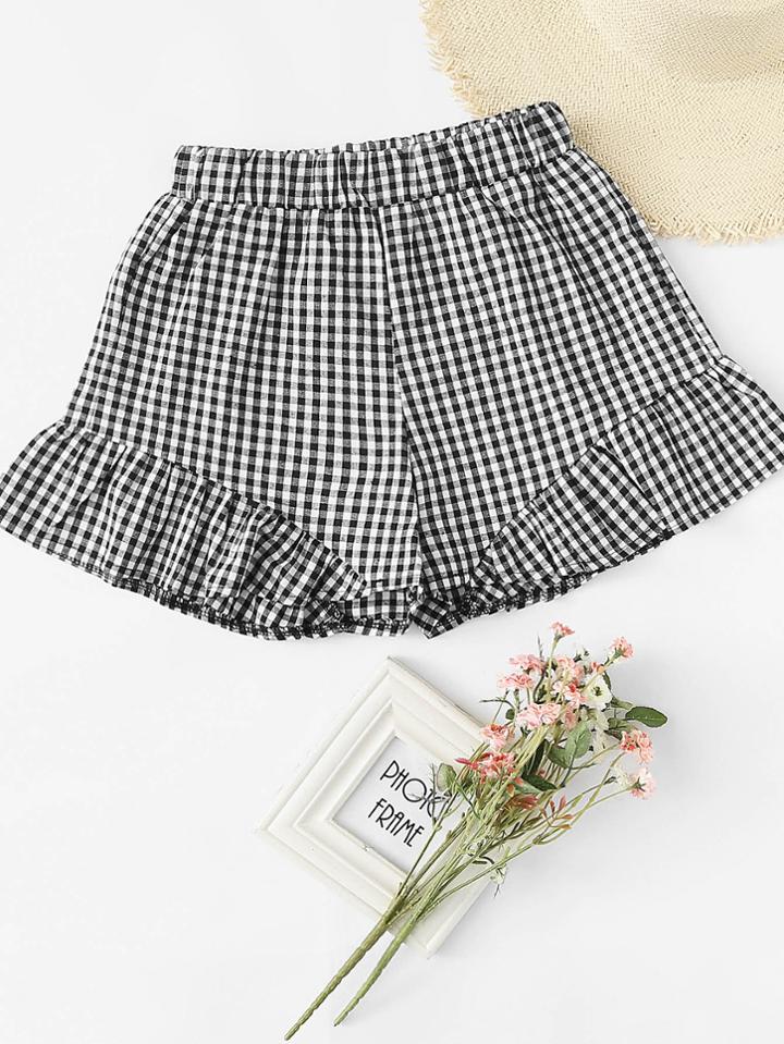 Romwe Ruffle Hem Checked Shorts