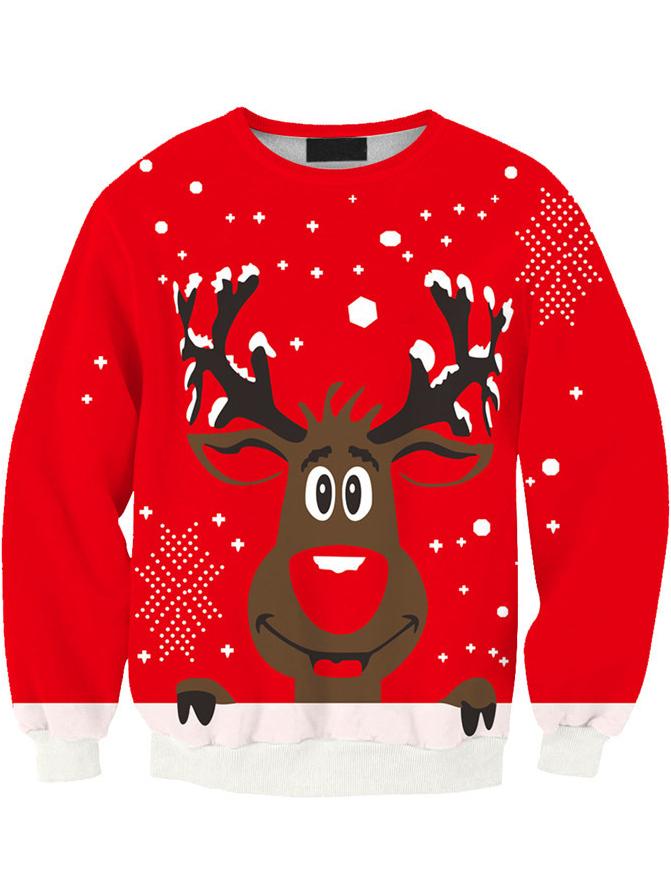 Romwe Women Red Christmas Cute Moose Print Sweater