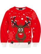 Romwe Women Red Christmas Cute Moose Print Sweater