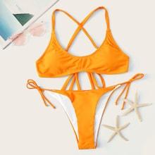 Romwe Lace-up Top With Side Tie Hister Bikini Set