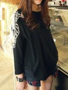 Romwe Contrast Lace Loose Black T-shirt