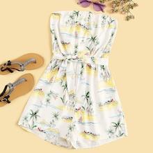 Romwe Tropical Print Self Tie Tube Romper