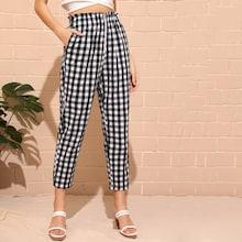 Romwe Gingham Print Paperbag Waist O-ring Zipper Pants