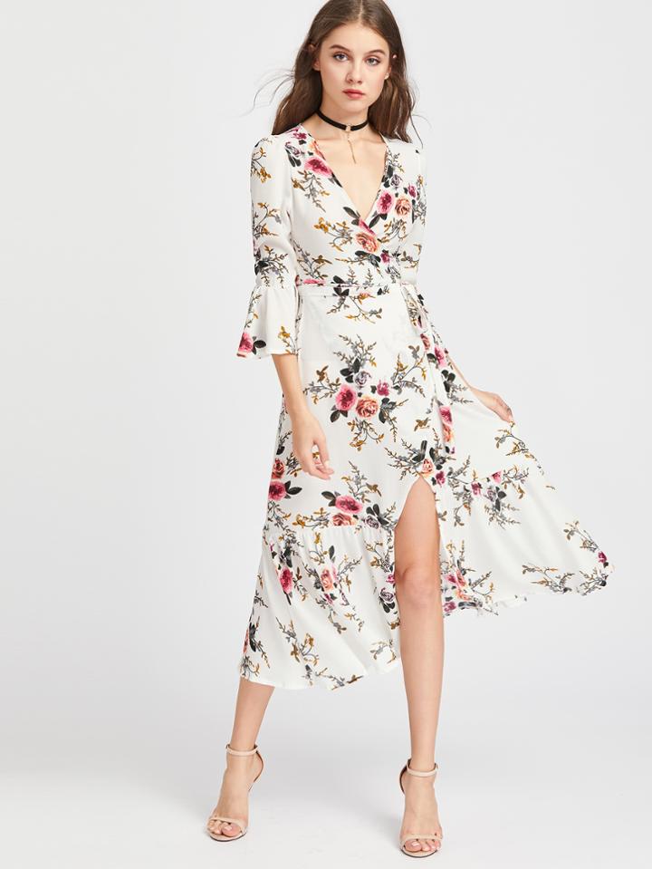 Romwe Plunge Neck Floral Print Bell Sleeve Slit Dress