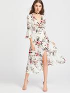 Romwe Plunge Neck Floral Print Bell Sleeve Slit Dress