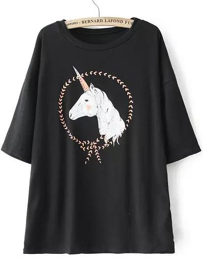 Romwe Round Neck Horse Print Black T-shirt