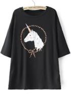 Romwe Round Neck Horse Print Black T-shirt