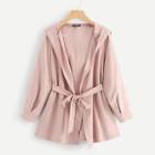 Romwe Plus Self Belted Hooded Solid Coat
