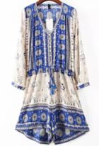 Romwe Blue V Neck Tribal Print Drawstring Jumpsuit