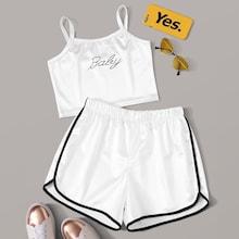 Romwe Letter Print Cami Top & Binding Trim Dolphin Shorts
